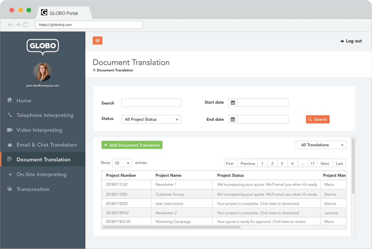 document translation platform screenshot